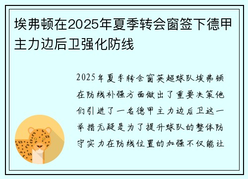 埃弗顿在2025年夏季转会窗签下德甲主力边后卫强化防线